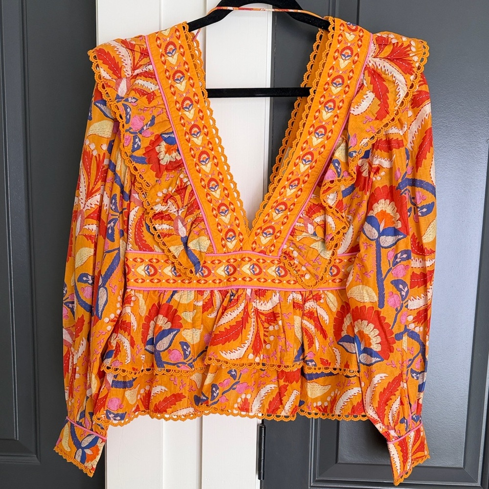 FARM Rio V Neck Ruffle Top Long Sleeve